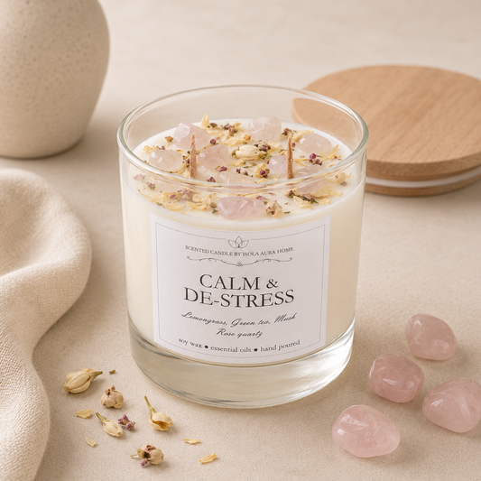 Lemongrass and rose quartz crystal candle in a glass jar, handmade by Isola Aura Home in Belgium