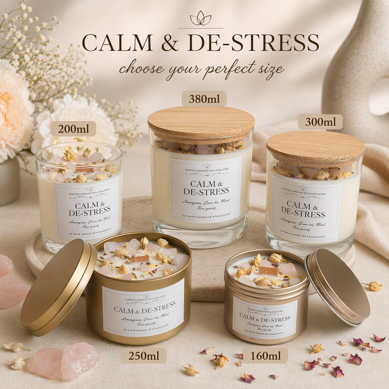 Lemongrass and rose quartz crystal candle size options in glass jars and gold tins