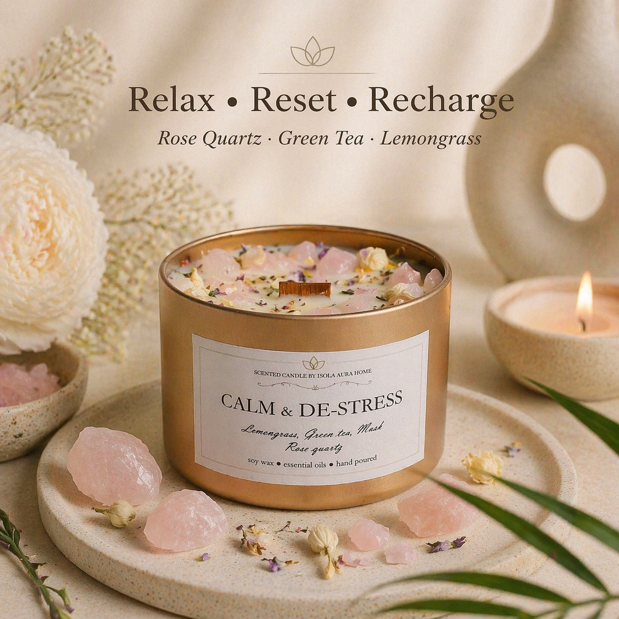 Lemongrass green tea and rose quartz candle for relaxing self care rituals