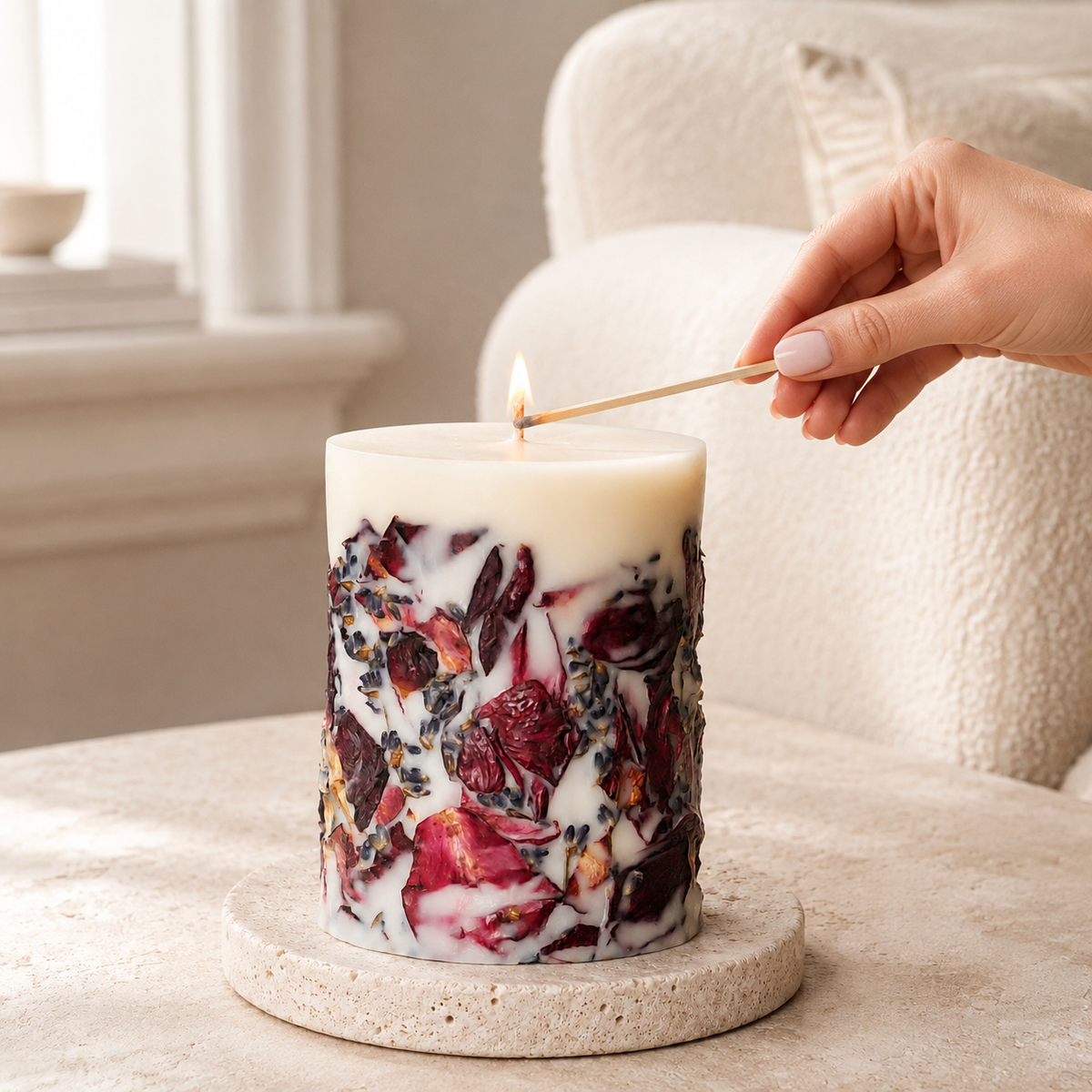 Woman’s hand using a long wooden match to light the wick of a rose petal and lavender candle on a round stone stand.
