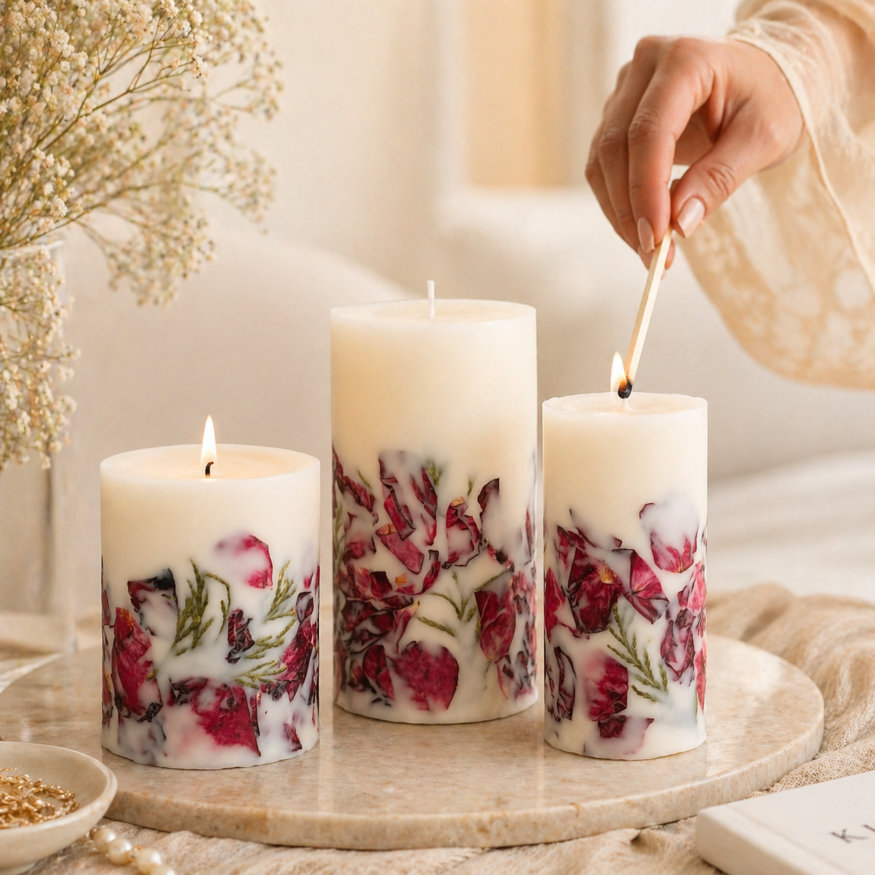Hand lighting a botanical soy wax pillar candle with rose petal details in an elegant interior