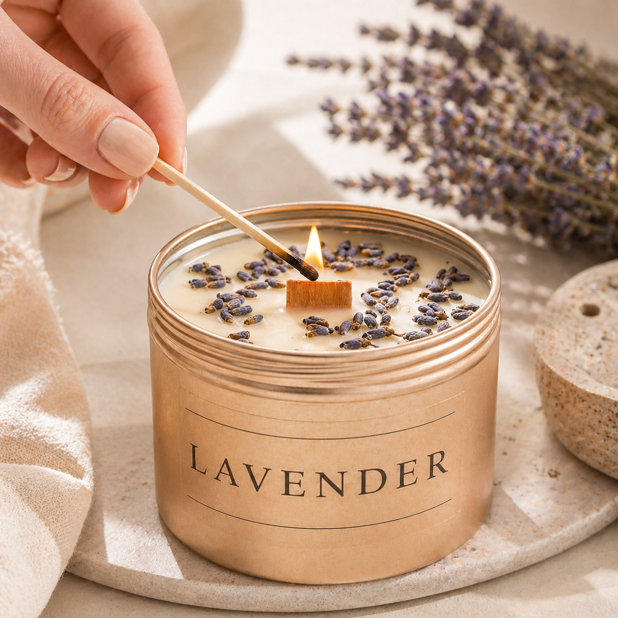 Lighting a lavender soy wax candle with wooden wick and dried lavender buds