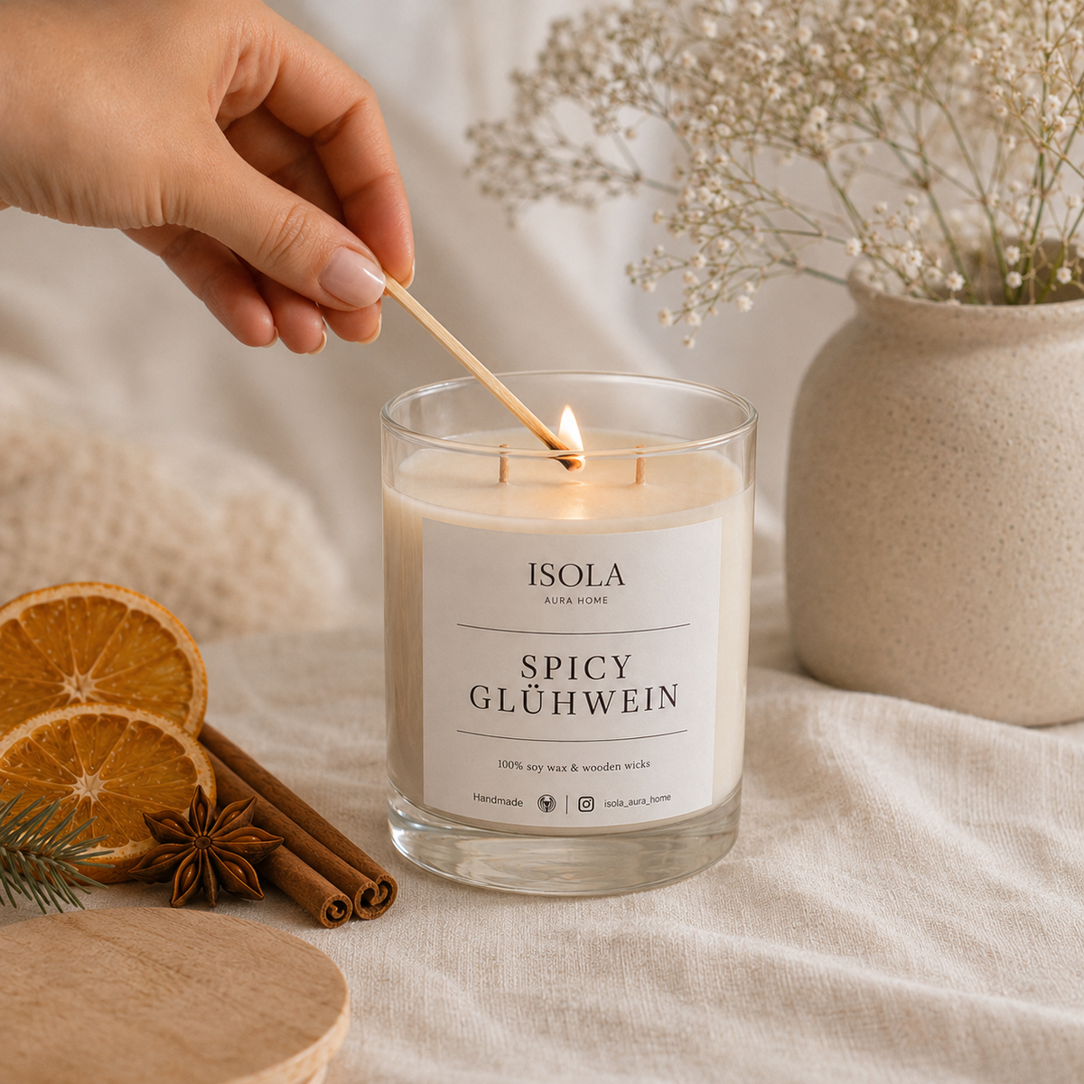 Spicy Glühwein wooden wick candle being lit by hand with dried orange, cinnamon, star anise and evergreen decorations