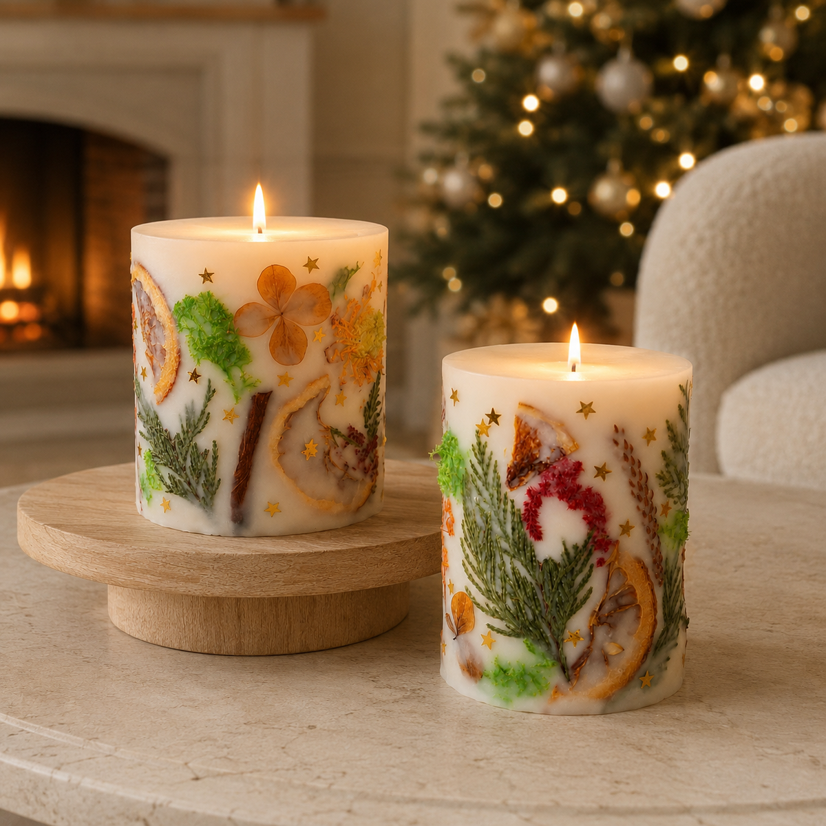 Two lit botanical soy candles creating a cosy Christmas atmosphere beside a decorated tree and fireplace.
