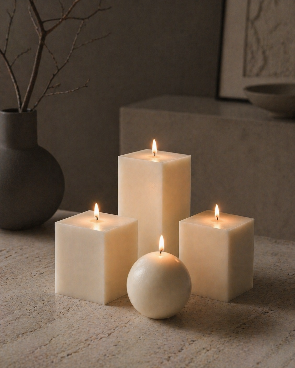 Lit geometric soy wax candle set handmade in Belgium from natural soy wax