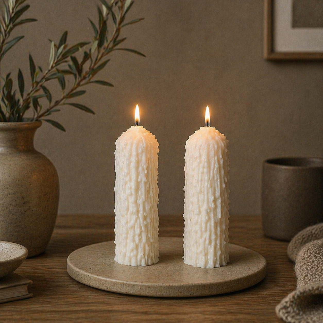 Lit white drip effect soy wax pillar candle set for cozy neutral home decor and shelf styling