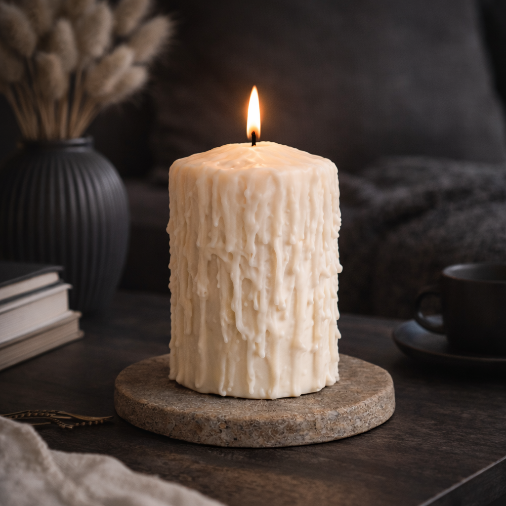 Lit white drip effect scented soy wax pillar candle for warm evening home decor and cozy styling