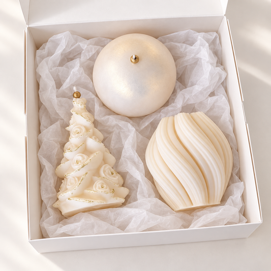 Luxury Christmas candle gift set with floral tree, spiral and pearlescent sphere soy candles in a white gift box