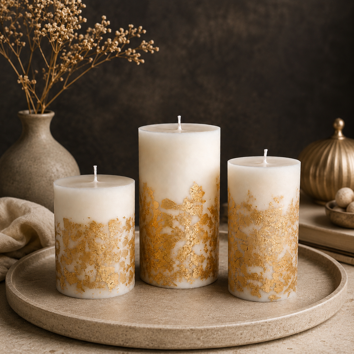 Luxury decorative soy candles with irregular gold details arranged on a neutral round tray