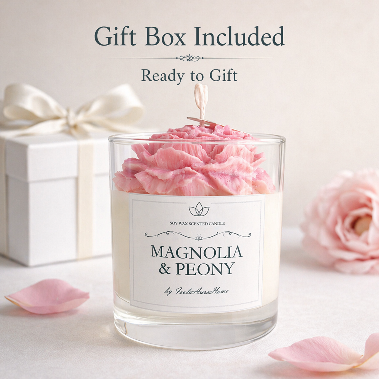 Magnolia and Peony floral soy wax candle with gift box included, handmade candle gift from Belgium