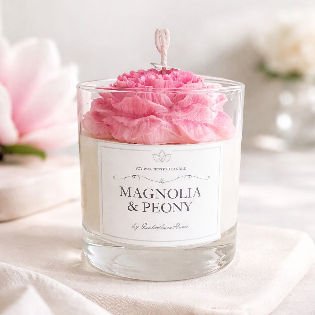 Magnolia and Peony flower-shaped soy wax candle in glass handmade by Isola Aura Home in Belgium