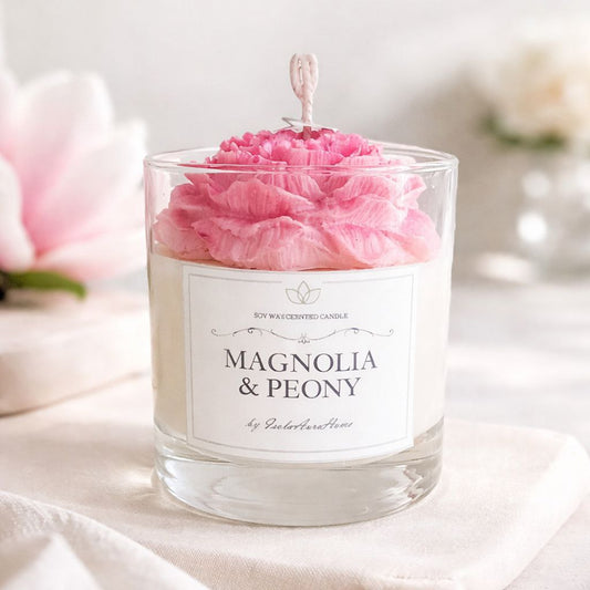 Magnolia and Peony flower-shaped soy wax candle in glass handmade by Isola Aura Home in Belgium