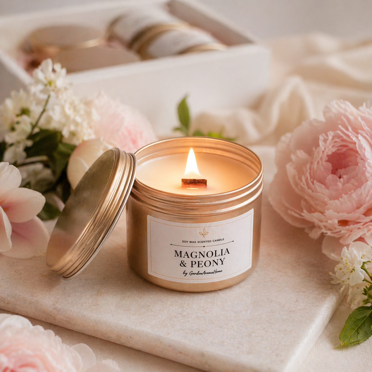 Burning Magnolia and Peony scented soy candle with wooden wick surrounded by soft pink flowers