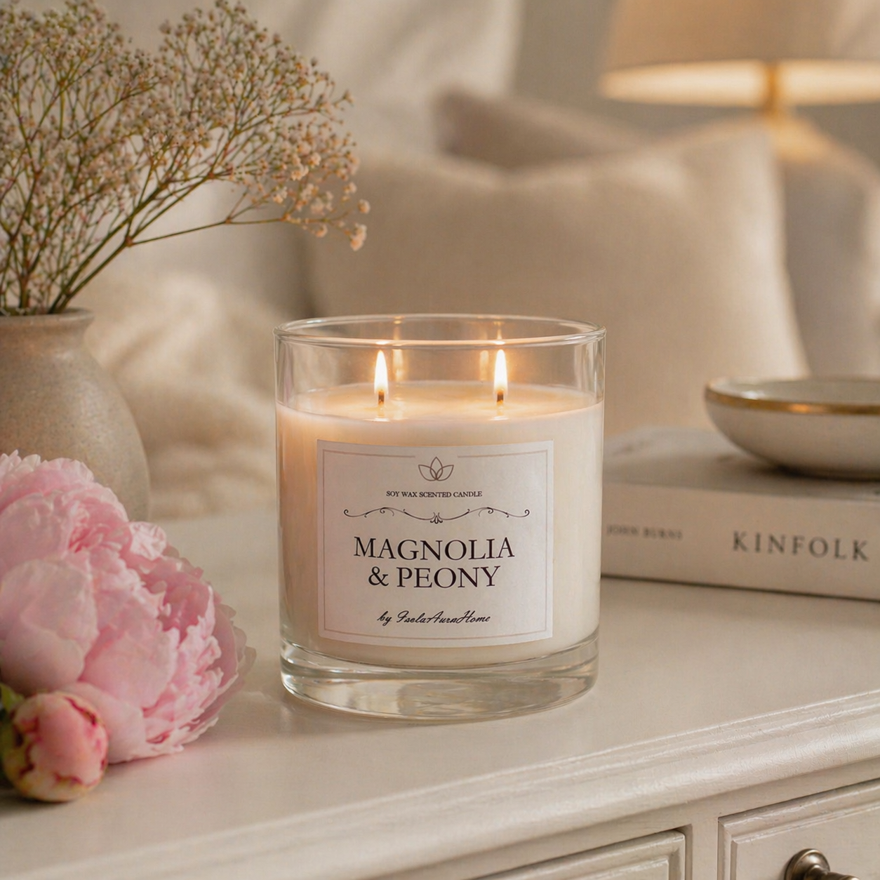 Handmade Magnolia and Peony scented soy wax candle in a glass jar, lit and styled with soft floral home decor
