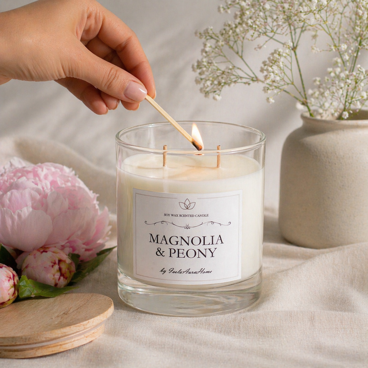 Handmade Magnolia and Peony scented soy wax candle in glass jar, being lit for cozy home decor