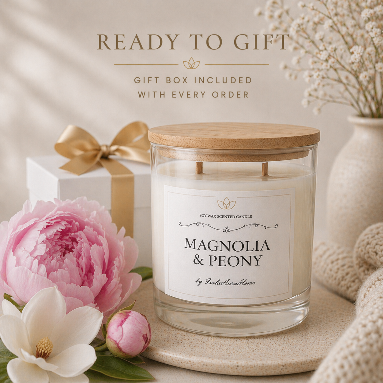 Handmade Magnolia and Peony scented soy wax candle with gift box, perfect ready-to-gift candle for her