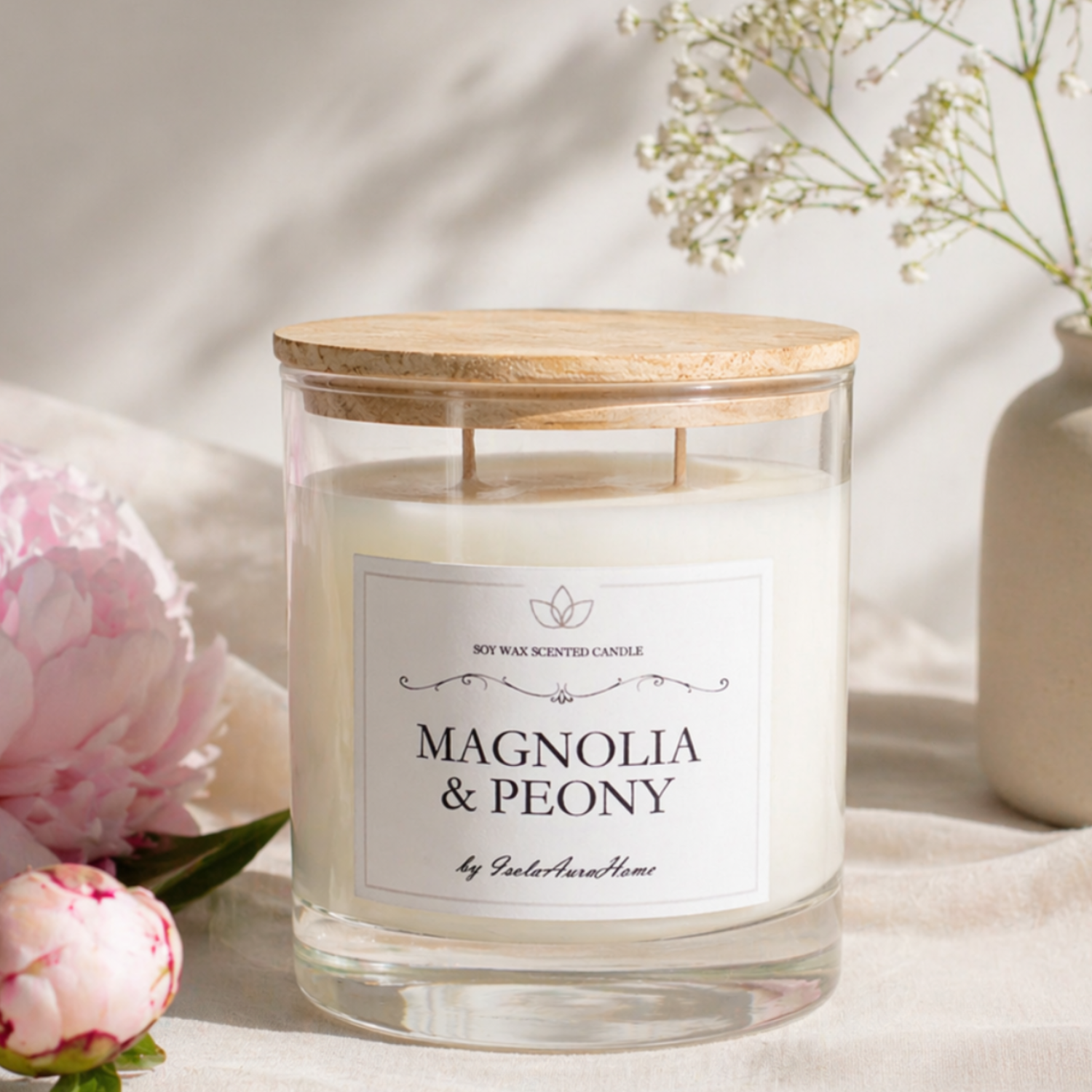 Magnolia and Peony soy wax candle in a glass jar with wooden lid, handmade by Isola Aura Home in Belgium
