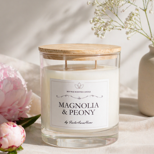 Magnolia and Peony soy wax candle in a glass jar with wooden lid, handmade by Isola Aura Home in Belgium