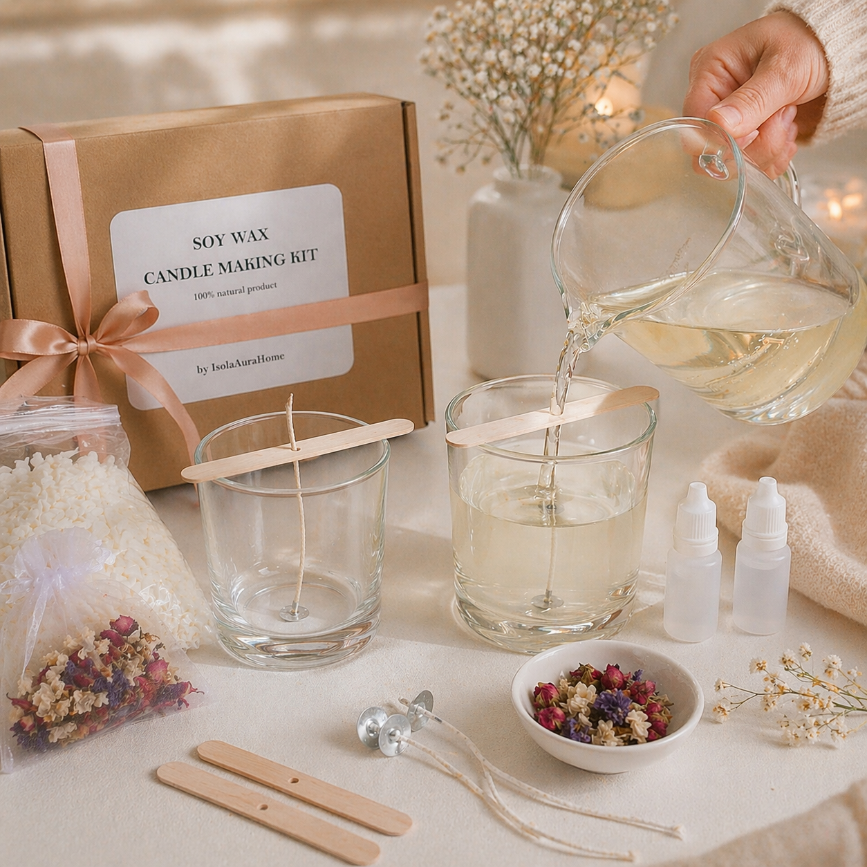 Making soy wax candles at home with a DIY candle kit, glass jars, cotton wicks and dried flowers