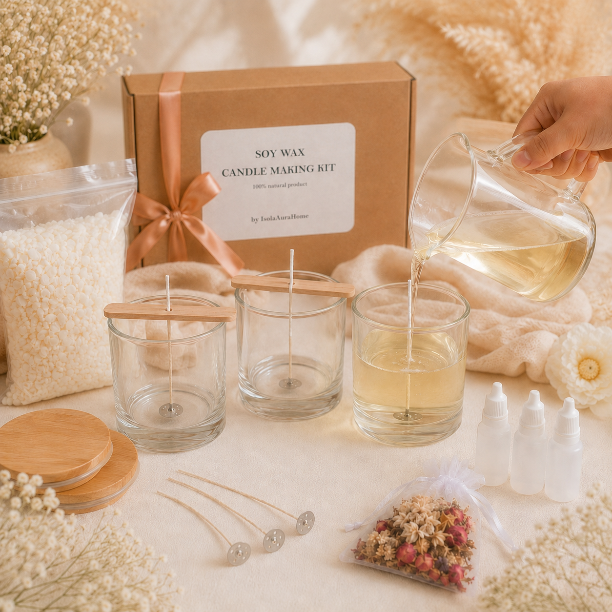 Making three soy wax candles at home with a DIY candle making kit, glass jars, cotton wicks and fragrance oils