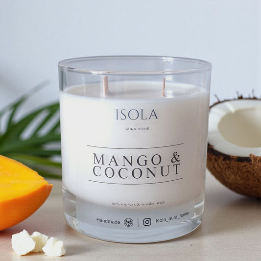 Mango and Coconut soy wax candle in a glass jar with wooden wick, handmade by Isola Aura Home in Belgium