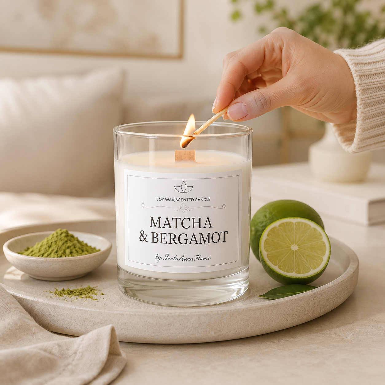 Matcha and Bergamot soy wax candle in a glass jar with wooden lid, handmade by Isola Aura Home in Belgium