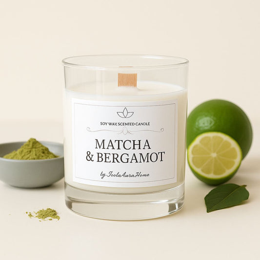 Matcha and Bergamot soy wax candle in a glass jar with wooden wick, handmade by Isola Aura Home in Belgium