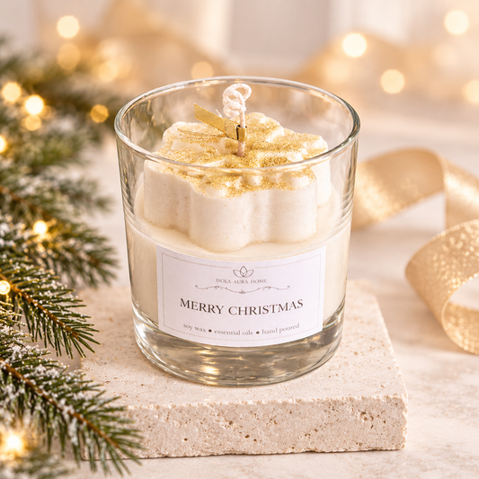 Merry Christmas scented soy candle with a gold-dusted snowflake in an elegant festive setting