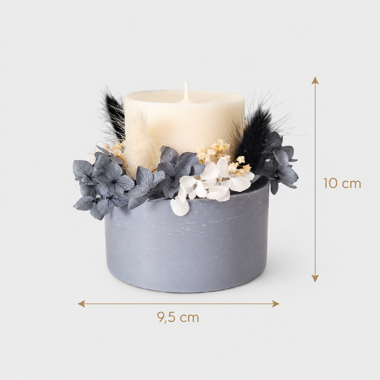Midnight grey botanical candle size card showing 9.5 cm diameter and 10 cm height