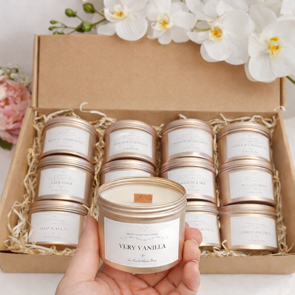 Mini soy wax candle in gold tin from the 12 scent candle gift box by Isola Aura Home