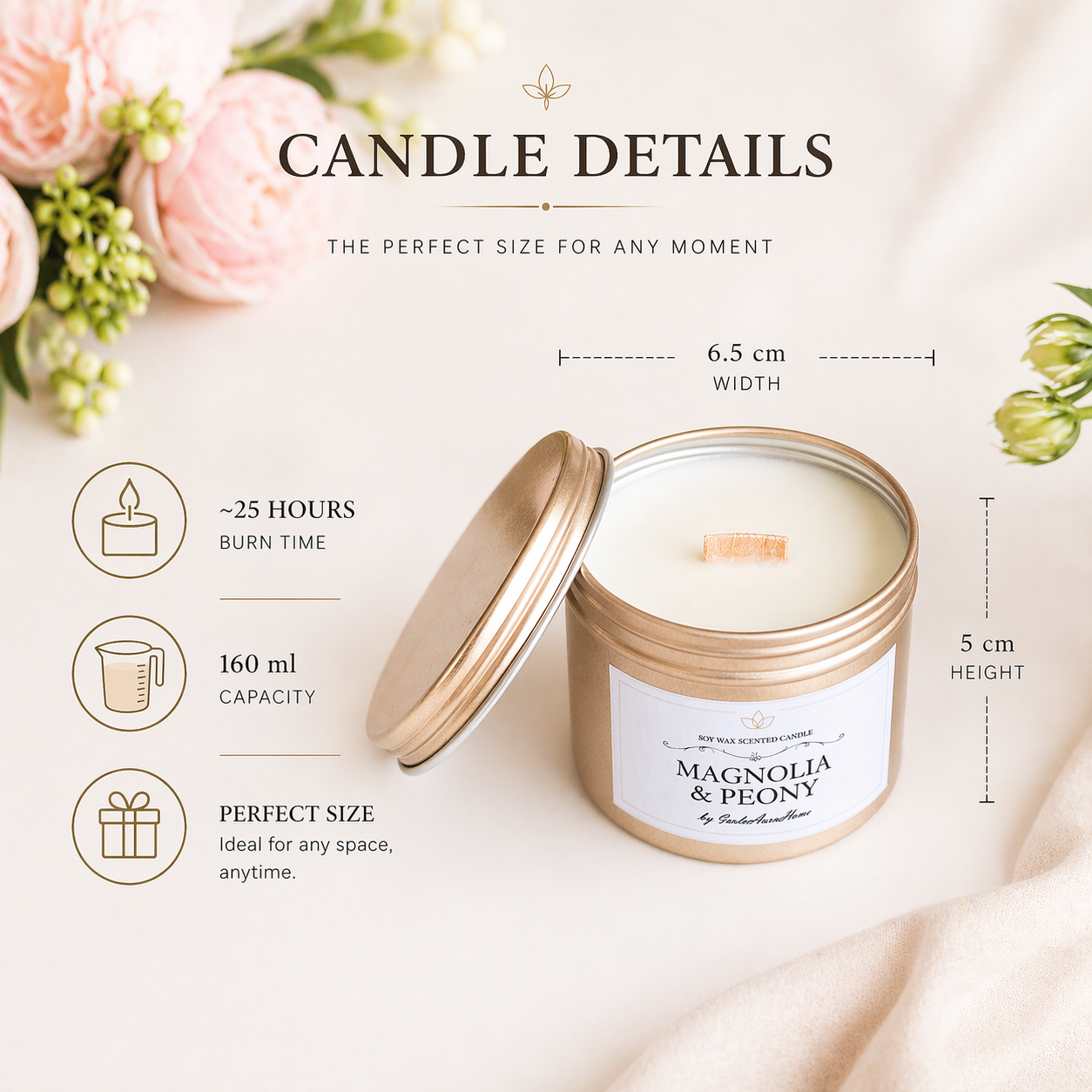 Mini scented soy candle size details showing 160 ml capacity, 5 cm height and 6.5 cm width
