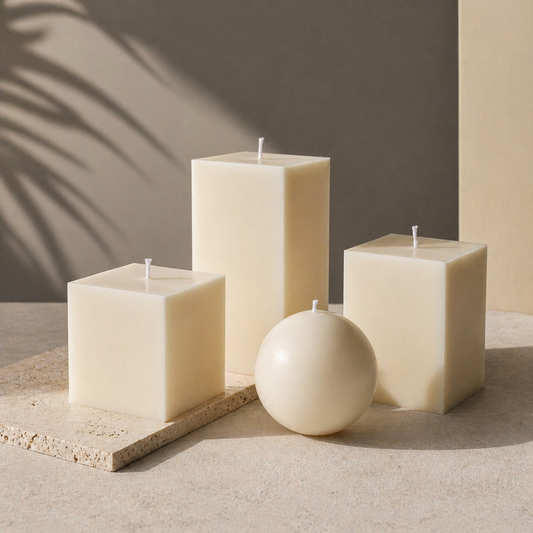 Minimalist geometric soy wax candles in ivory color, handmade decorative candles by Isola Aura Home in Belgium.