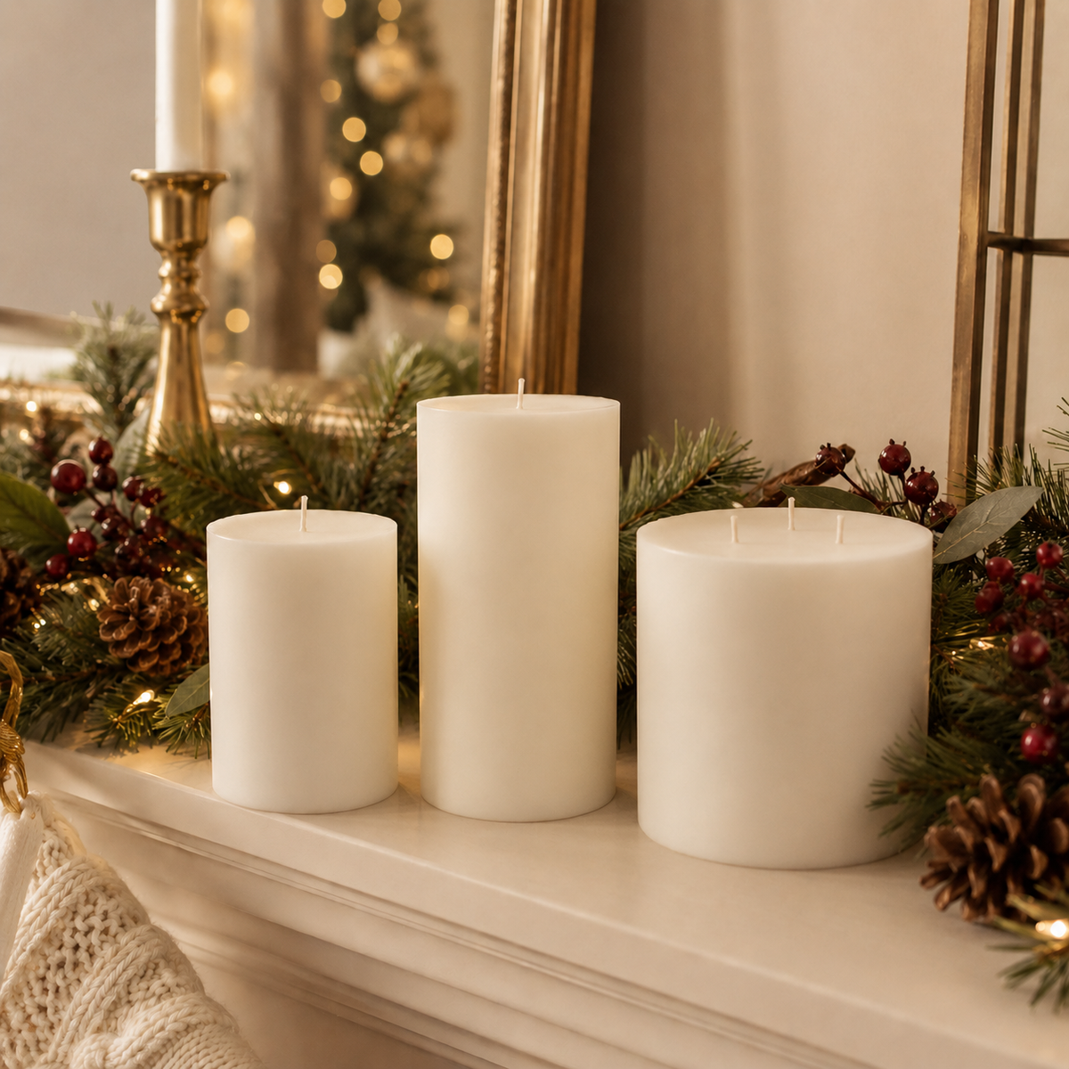 Minimalist ivory soy pillar candles in different sizes displayed on a mantel
