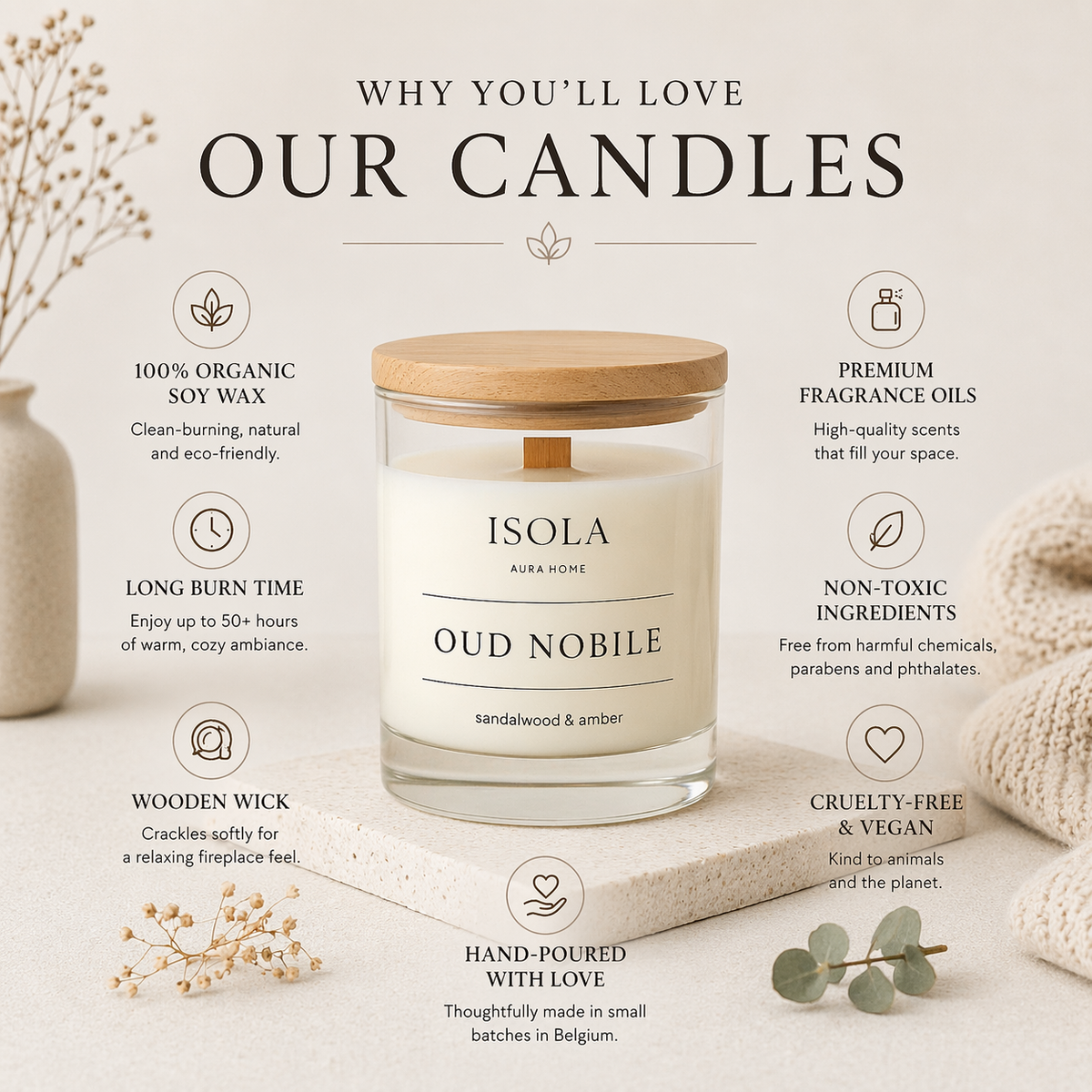 Scented candle benefits including natural soy wax, wooden wicks, long-lasting fragrance and gift packaging