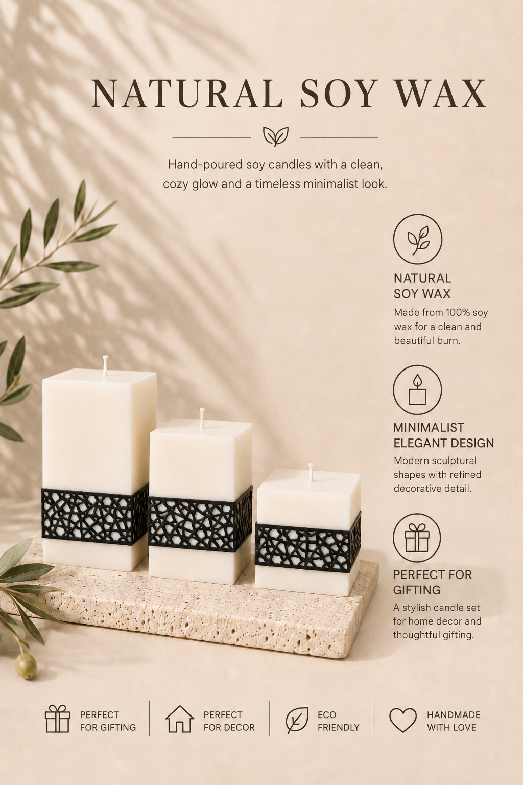 Natural soy wax black lace geometric candles with clean glow and handmade decorative details
