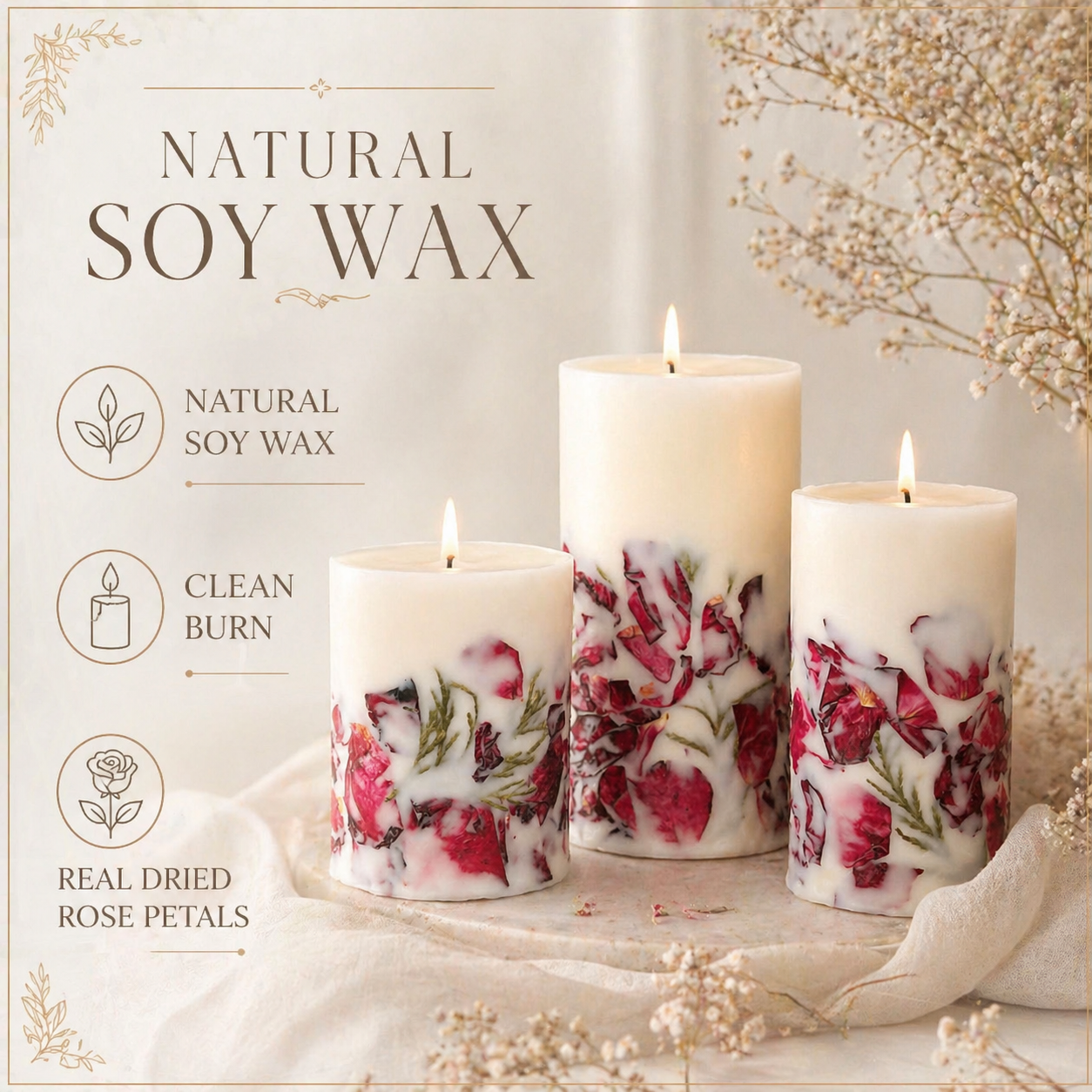 Natural soy wax botanical pillar candles with real dried rose petals and clean burn benefits