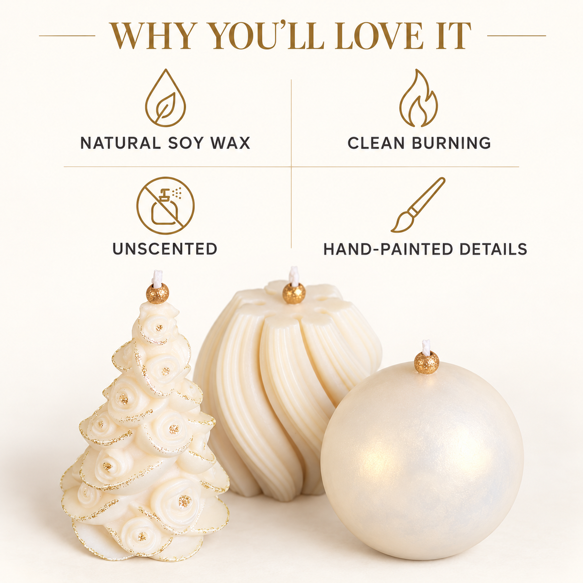 Product details for unscented natural soy wax Christmas candles with hand-painted decorative accents