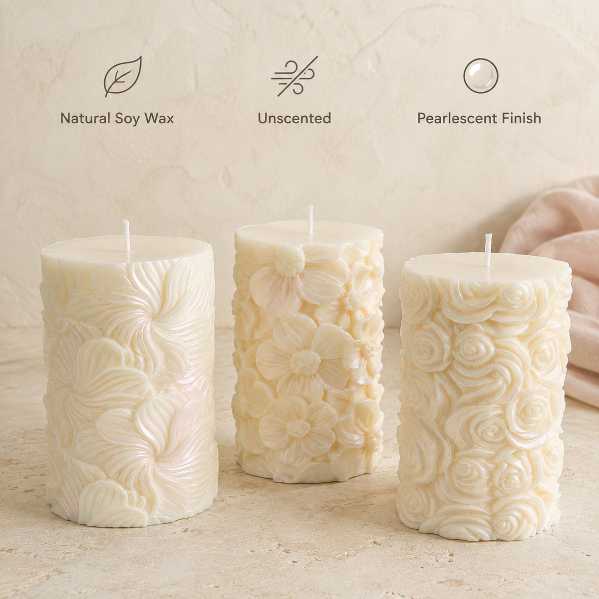Natural soy wax flower candle with an unscented formula and iridescent pearlescent finish.
