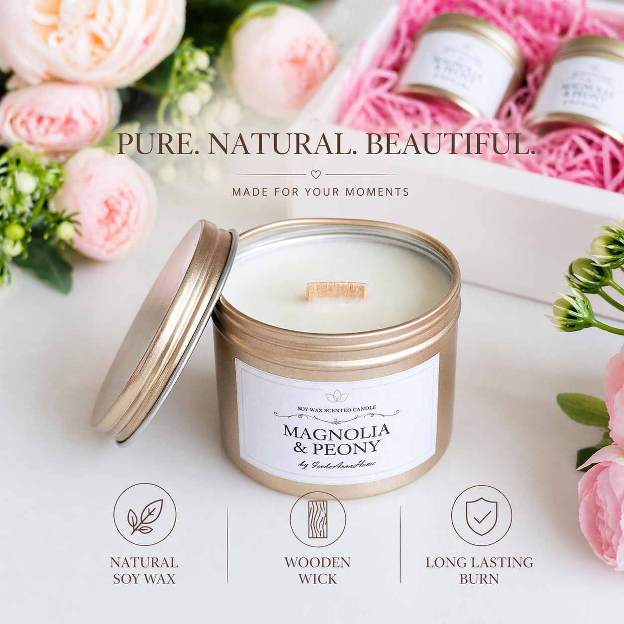 Natural soy wax candle with wooden wick and long lasting burn, handmade by Isola Aura Home