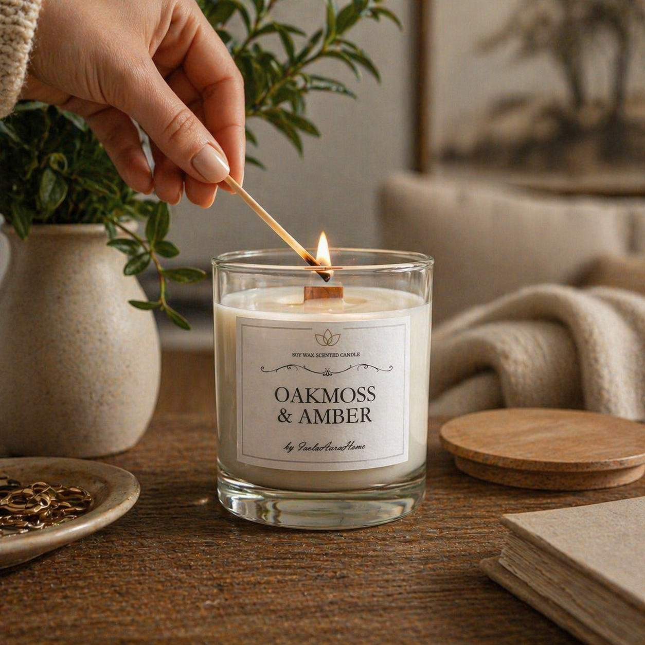 Oakmoss and Amber soy wax candle in a glass jar being lit by hand, handmade by Isola Aura Home in Belgium