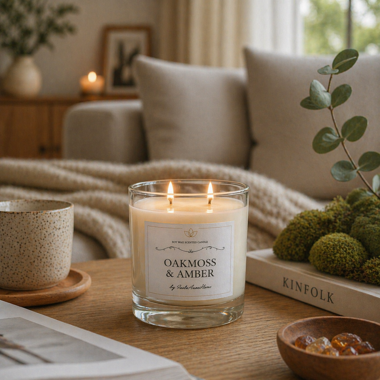 Oakmoss and Amber soy wax candle in a glass jar burning in a cozy home setting, handmade by Isola Aura Home in Belgium