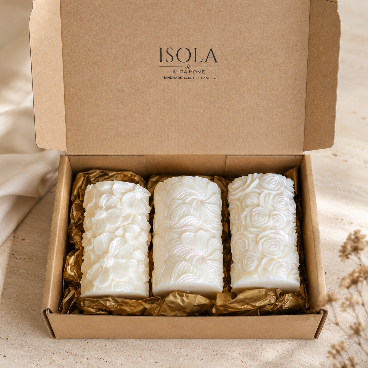Pearlescent floral soy candle gift set of three presented in a branded kraft box with elegant gold tissue paper. Handmade in Belgium by Isola Aura Home