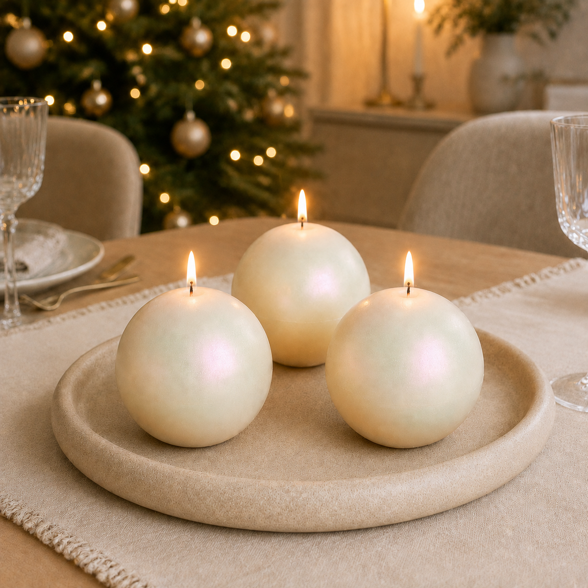 Pearlescent sphere candles with removable gold details styled beside a Christmas tree and warm holiday lights