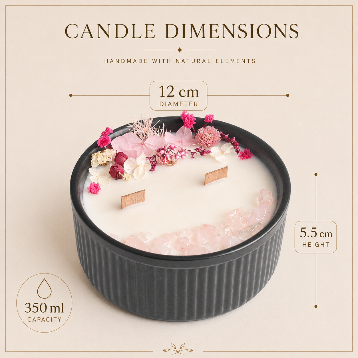 Pink Bloom and Rose Quartz floral crystal candle dimensions showing 350 ml capacity, 12 cm diameter and 5.5 cm height