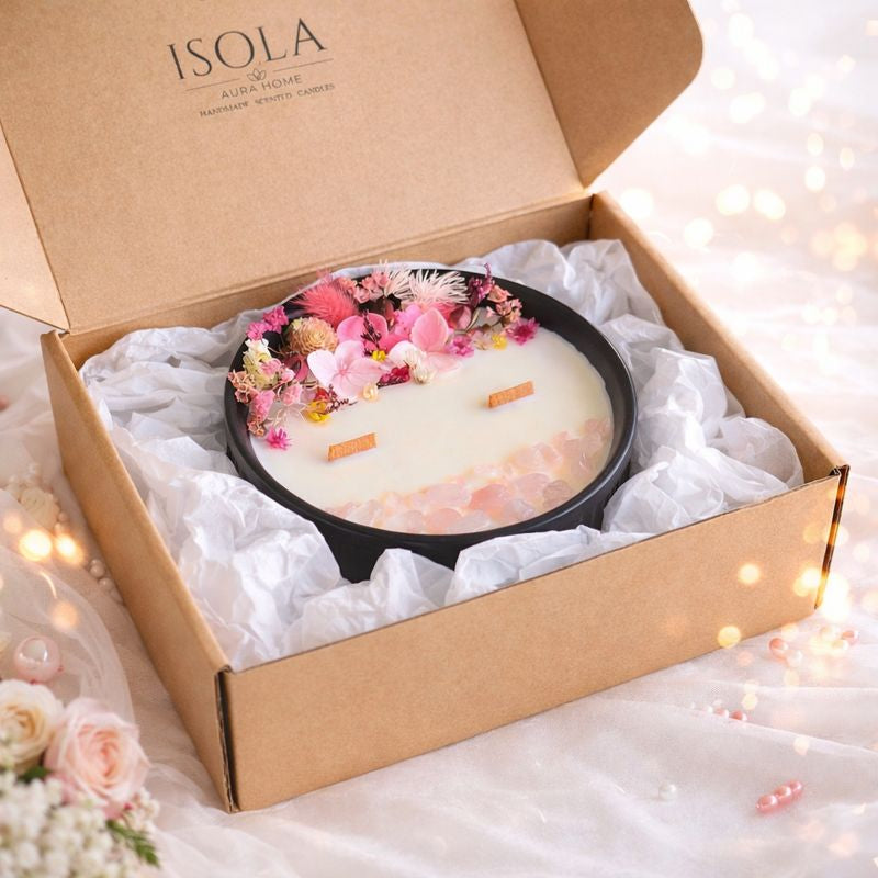 Pink Bloom and Rose Quartz floral crystal candle presented in an Isola Aura Home ready-to-gift box