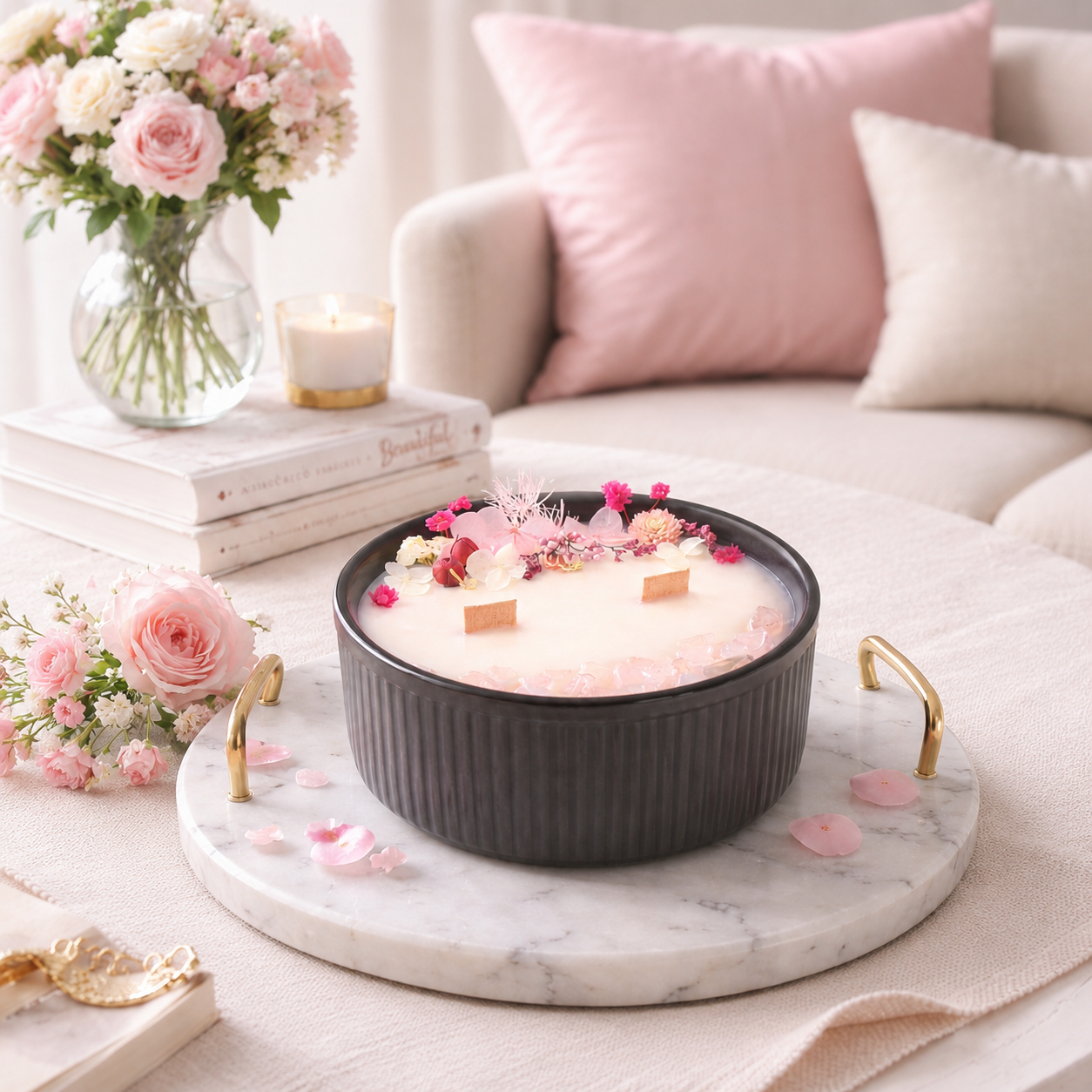 Pink Bloom and Rose Quartz floral crystal candle styled in a soft romantic home interior