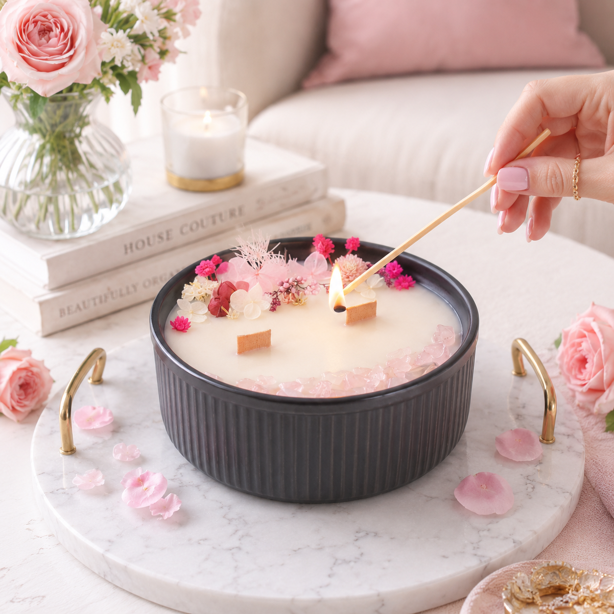 Lighting one of the wooden wicks on a Pink Bloom and Rose Quartz floral crystal candle