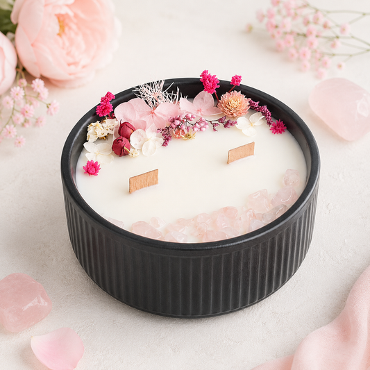 Pink Bloom and Rose Quartz floral crystal candle with preserved pink flowers and two wooden wicks, handmade by Isola Candles in Belgium