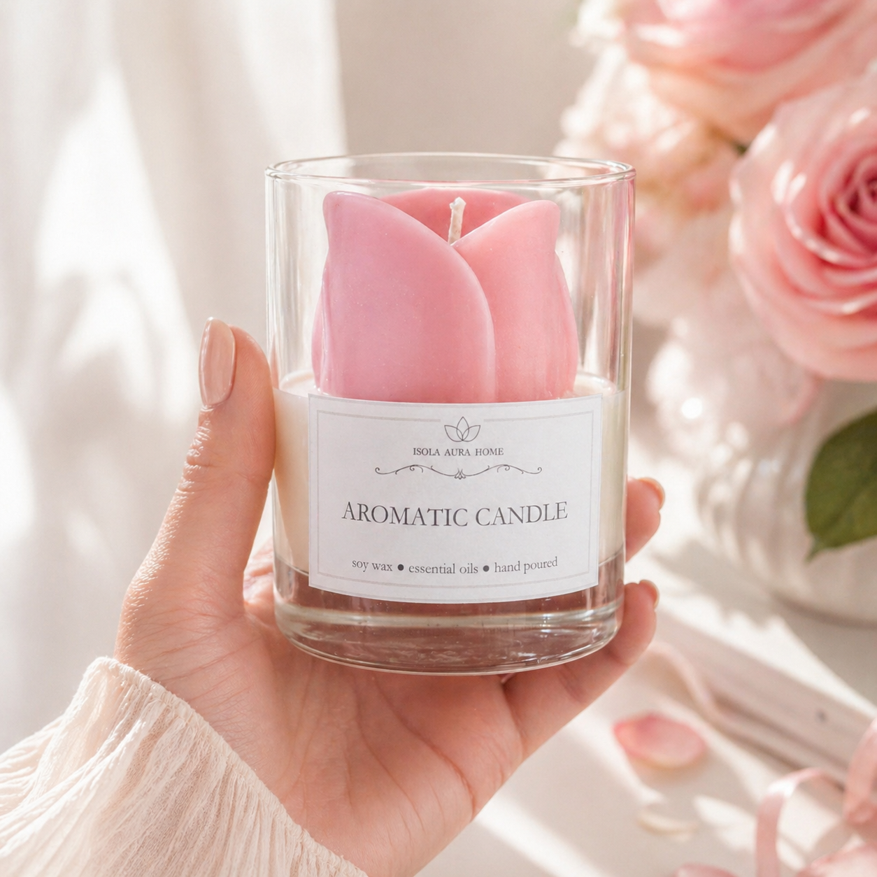 Pink rose flower-shaped candle in glass shown in hand for size reference