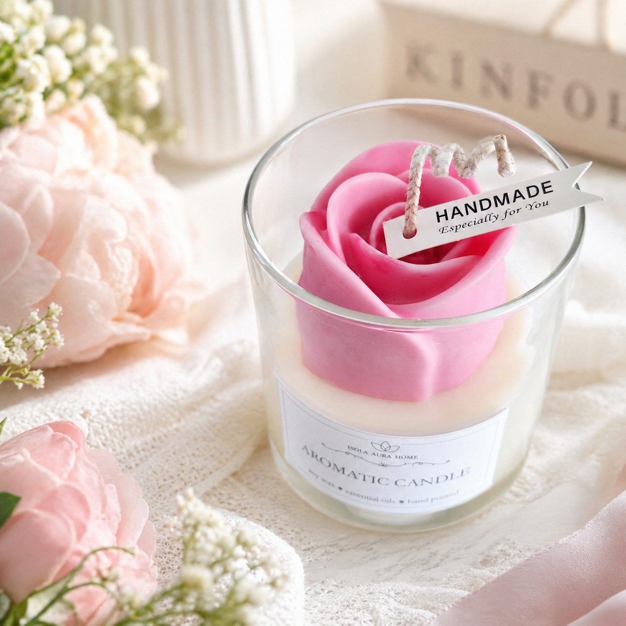 Pink rose floral candle in glass with handmade tag by Isola Aura Home